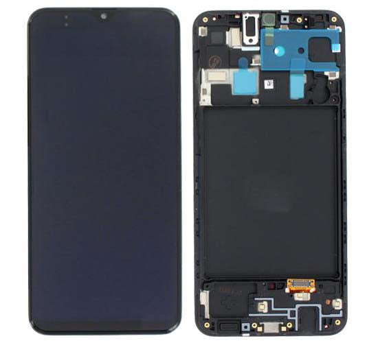 Genuine Samsung Galaxy A20 (A205F) lcd and touchpad with front frame in black - Part No: GH82-19571A, GH82-19572A